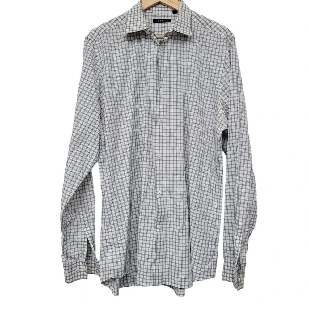 Theory Men's Button-Up Shirt Size Large Multicolor Cotton Check Long Sleeves